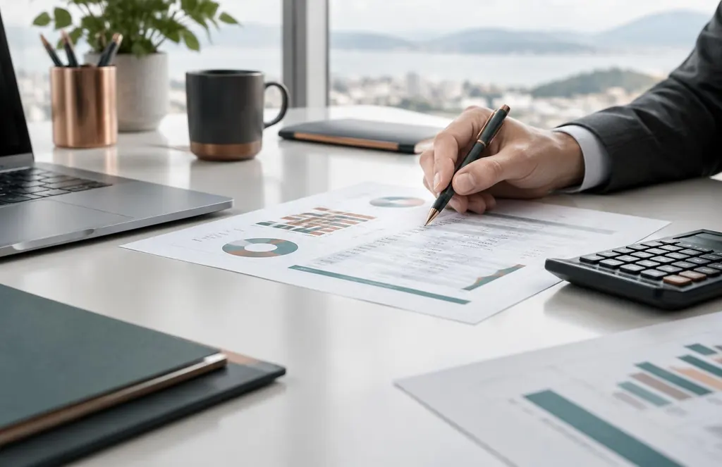 Financial statements being carefully reviewed at a professional workspace